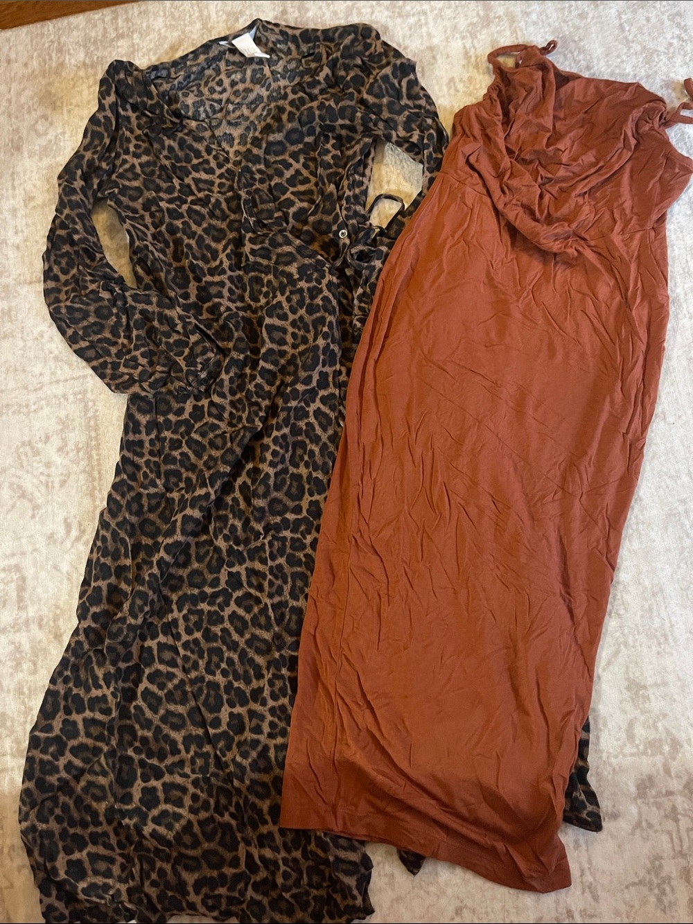 Leopard Print Long Sheer Wrap Dress & Orange midi dress
